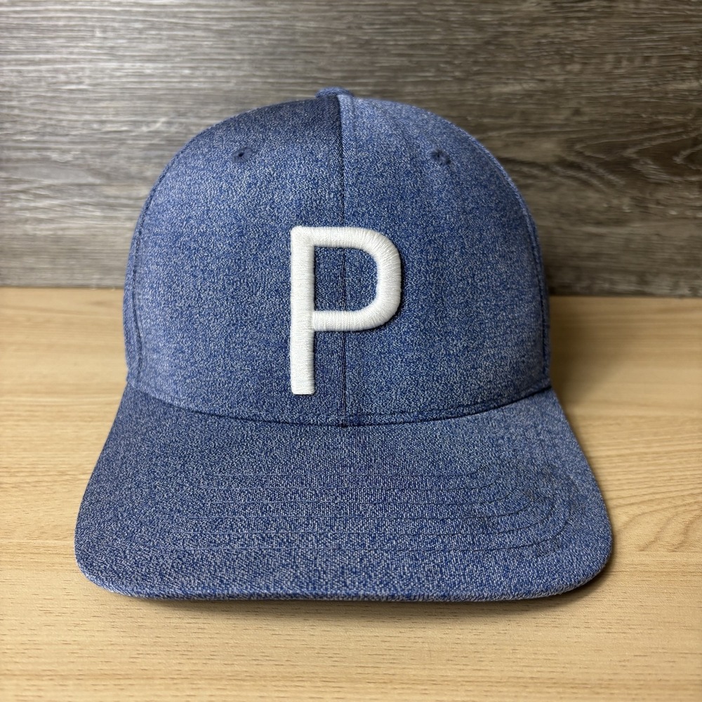Puma Hat Cap Snap Back Blue White P Script Tour Exclusive Golf Mens Embroidered